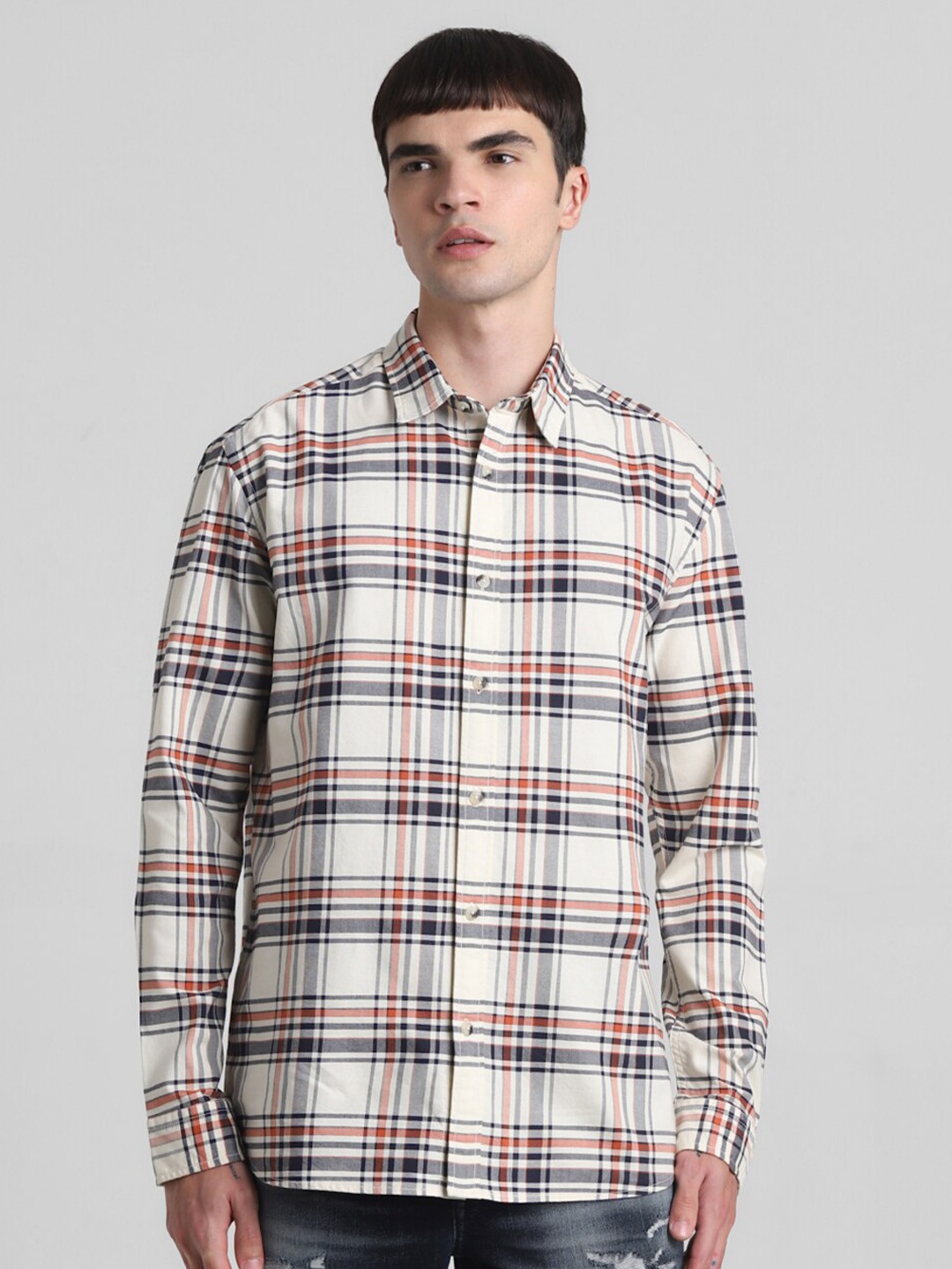 

Jack & Jones Tartan Checks Spread Collar Cotton Casual Shirt, White