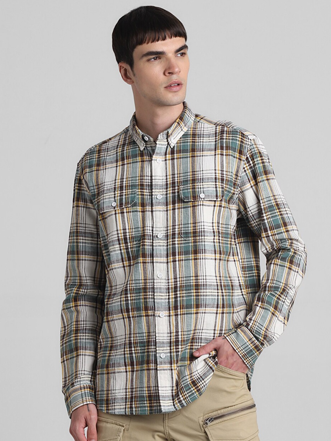 

Jack & Jones Tartan Checks Button-Down Collar Cotton Casual Shirt, Brown