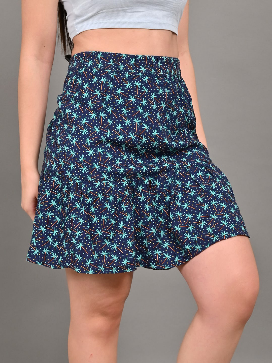 

NoBarr Floral Printed Pure Cotton A-Line Mini Skirt, Navy blue