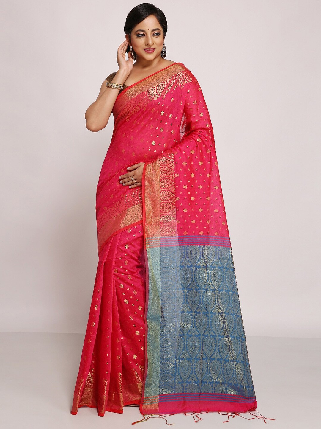 

WoodenTant Woven Design Zari Silk Cotton Banarasi Saree, Pink