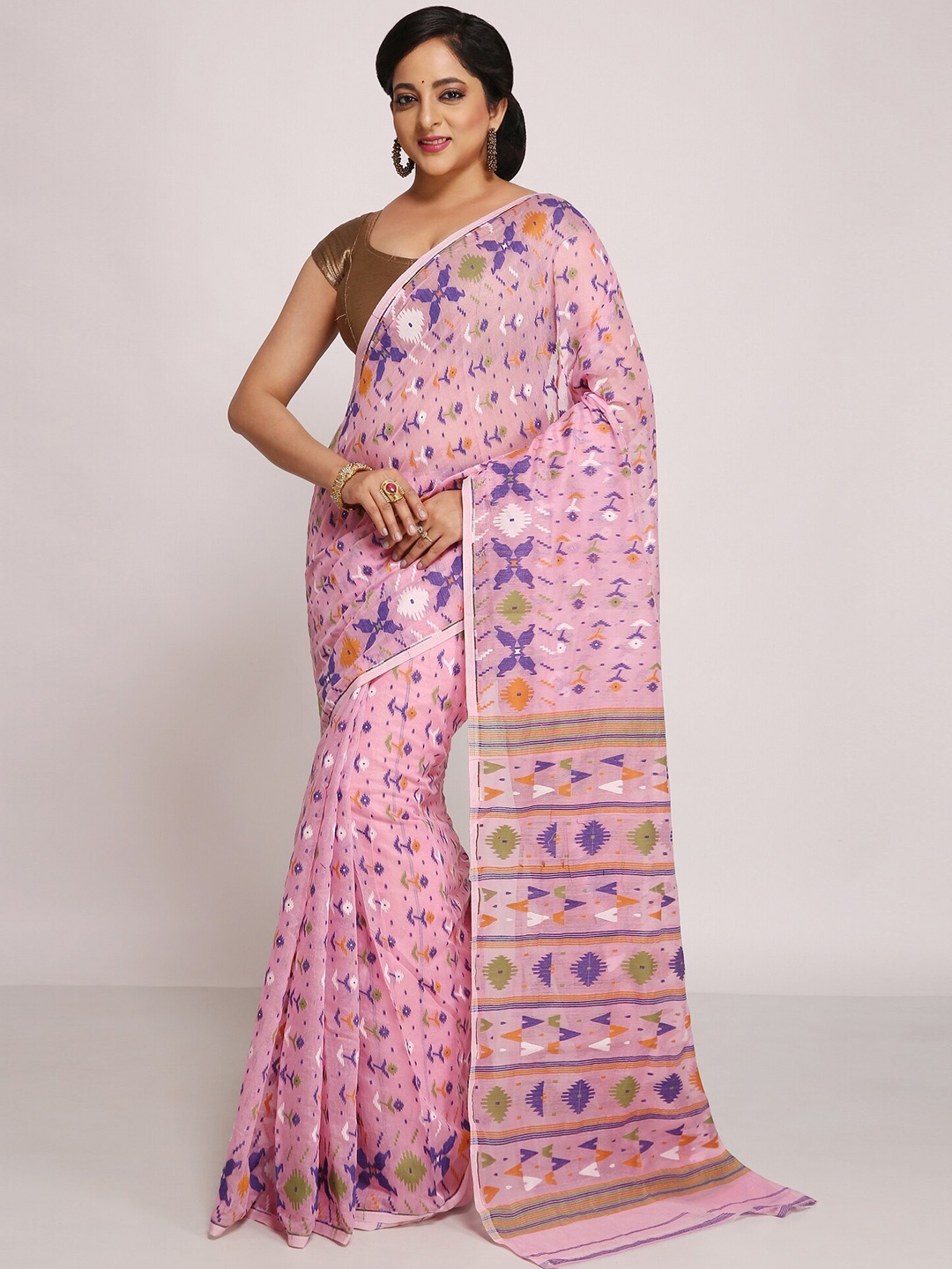 

WoodenTant Woven Design Silk Cotton Jamdani Saree, Pink