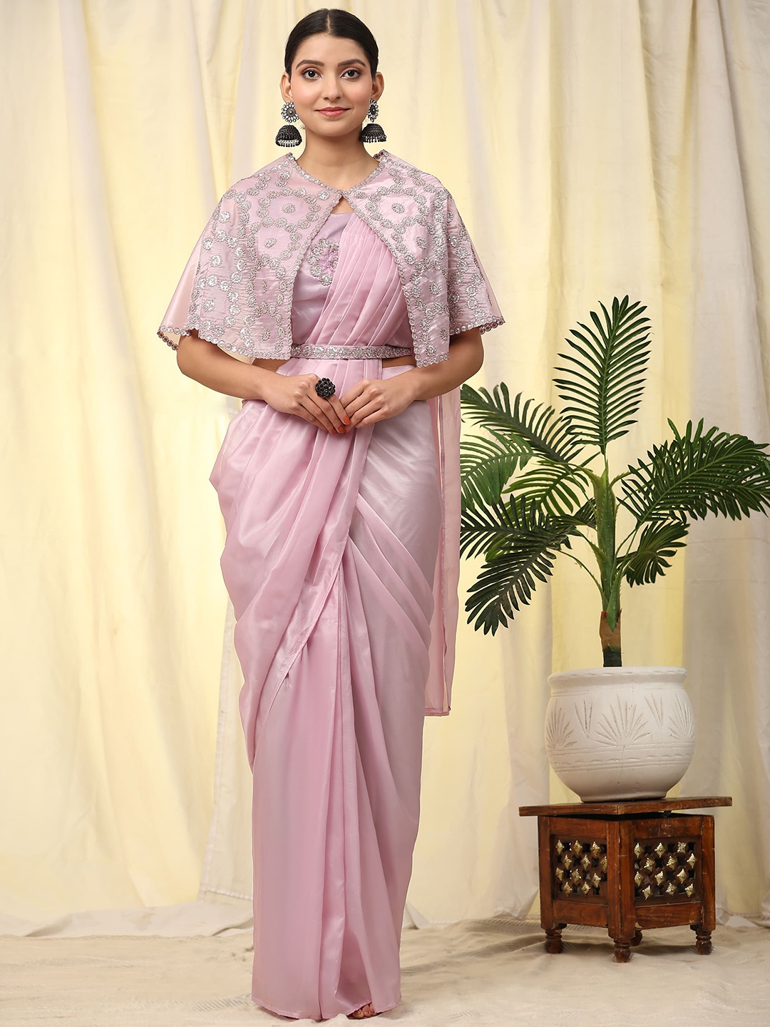 

AMOHA TRENDZ Satin Ready to Wear Saree, Purple