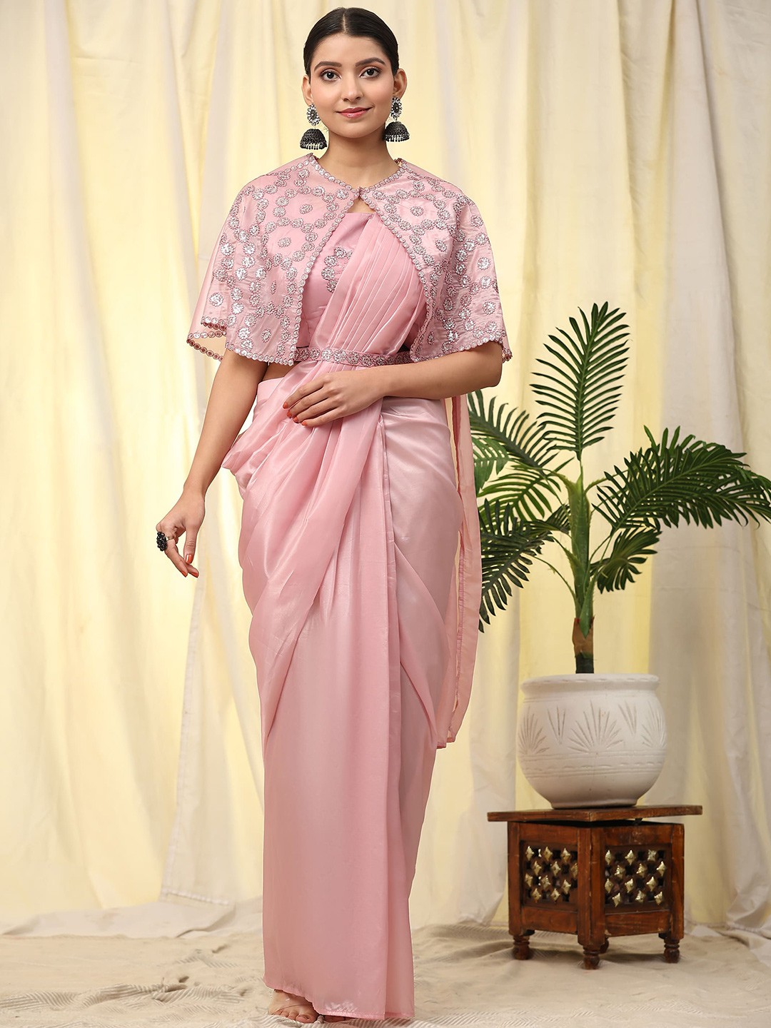 

AMOHA TRENDZ Beads and Stones Satin Ready to Wear Saree, Pink