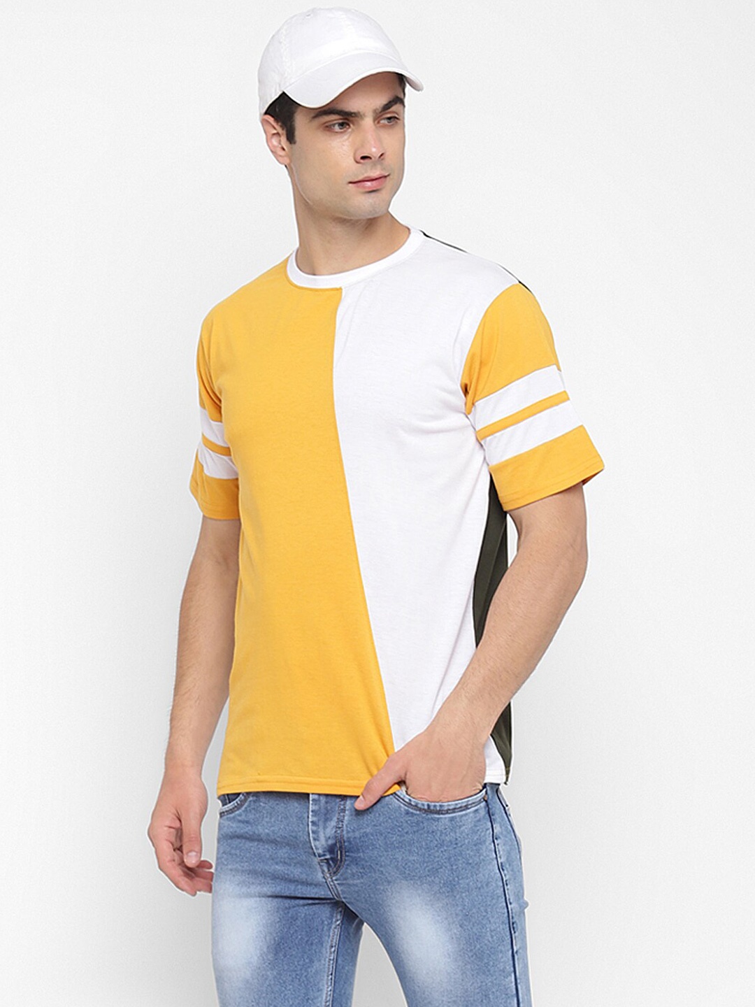 

Bukkl Colourblocked Round Neck Cotton Slim Fit T-shirt, Yellow