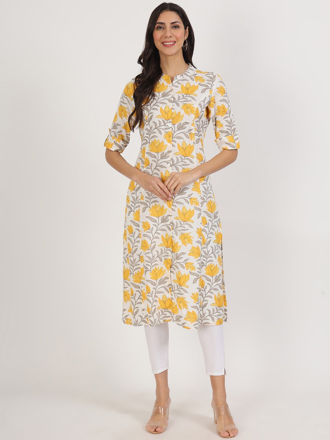 

Divena Floral Printed Band Collar Roll-Up Sleeves Straight Kurta, Yellow