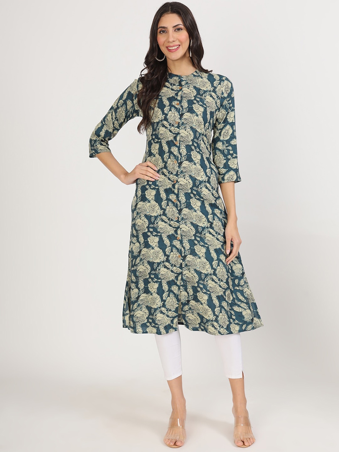 

Divena Floral Printed Band Collar A Line Kurta, Blue