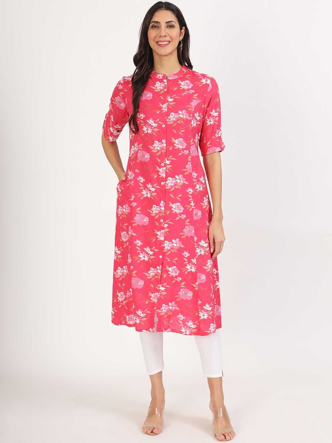

Divena Floral Printed Band Collar Roll-Up Sleeves A Line Kurta, Pink