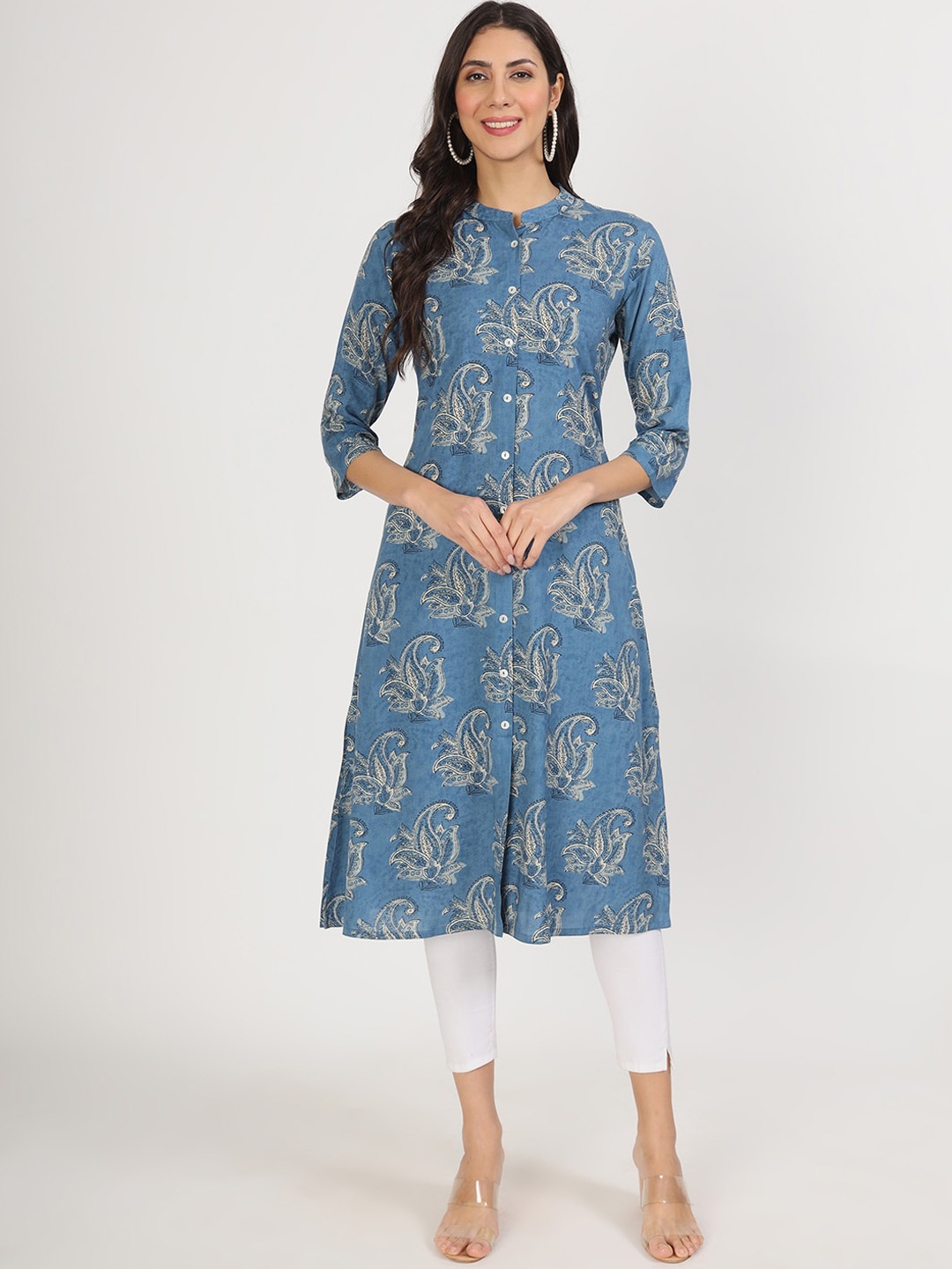

Divena Ethnic Motifs Floral Printed Band Collar A Line Kurta, Blue