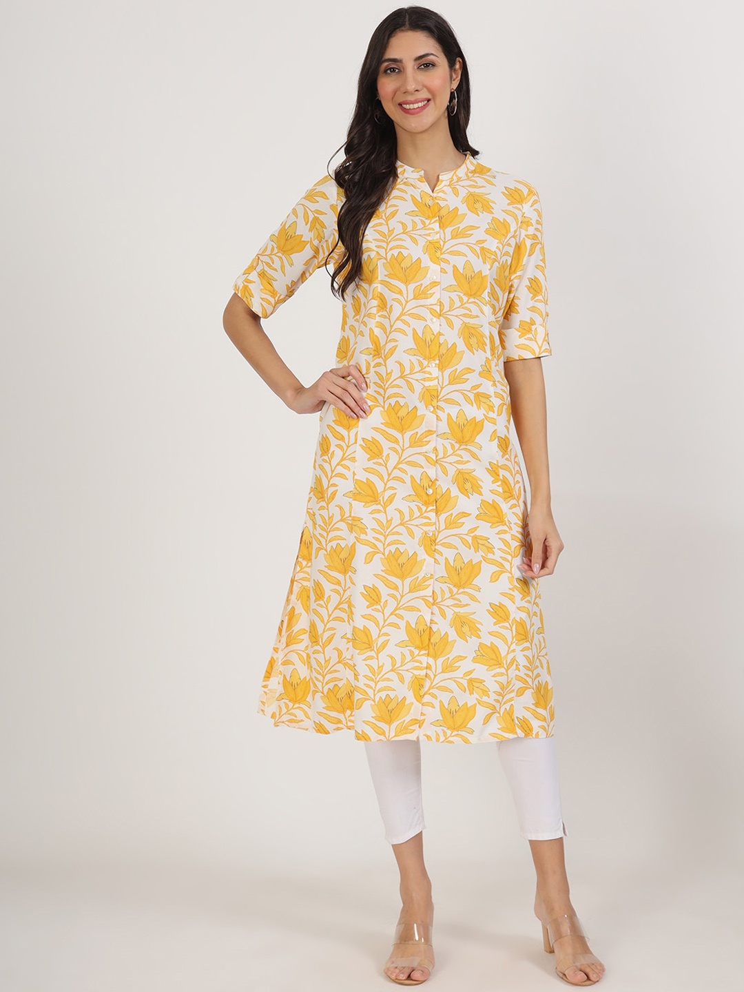 

Divena Floral Printed Mandarin Collar A-Line Kurta, Yellow