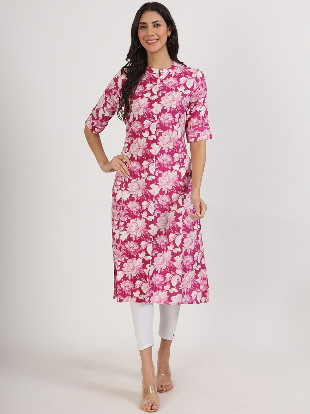 

Divena Floral Printed Mandarin Collar A-Line Kurta, Purple