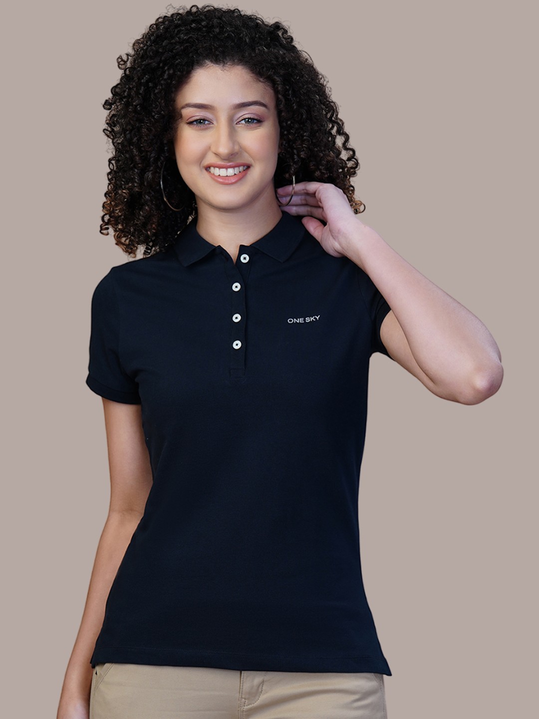 

One Sky Women Beauty Polo Collar Cotton T-Shirt, Black
