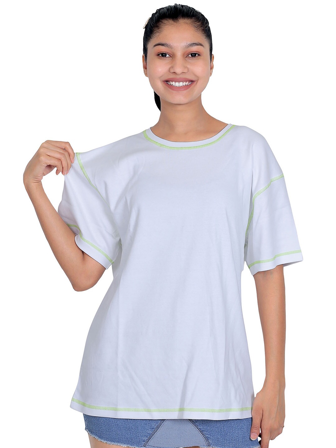 

One Sky Women White Solid Round Neck Drop-Shoulder Sleeves Cotton T-Shirt