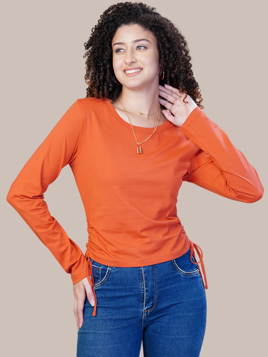 

ONE SKY Round Neck Long Sleeves Cotton T-shirt, Orange