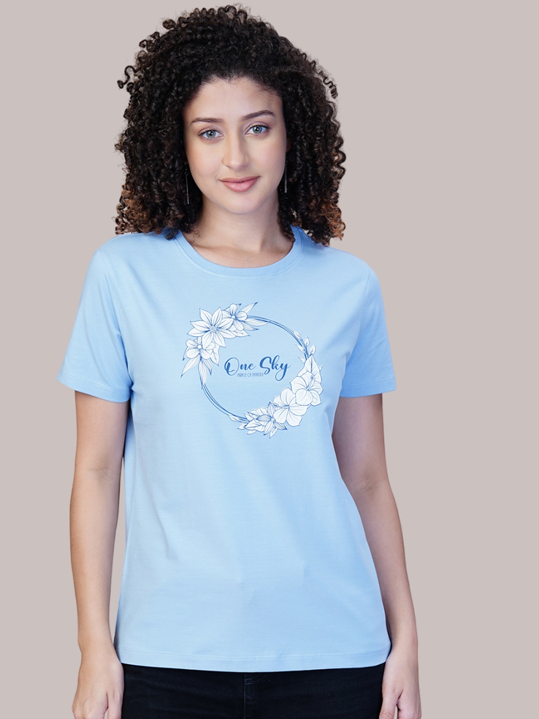 

One Sky Women Floral Printed Round Neck Cotton T-Shirt, Blue