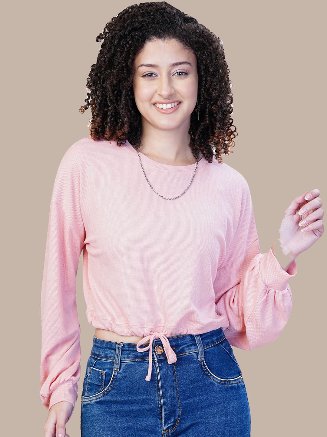 

One Sky Women Round Neck Drop-Shoulder Sleeves Polyester T-Shirt, Pink