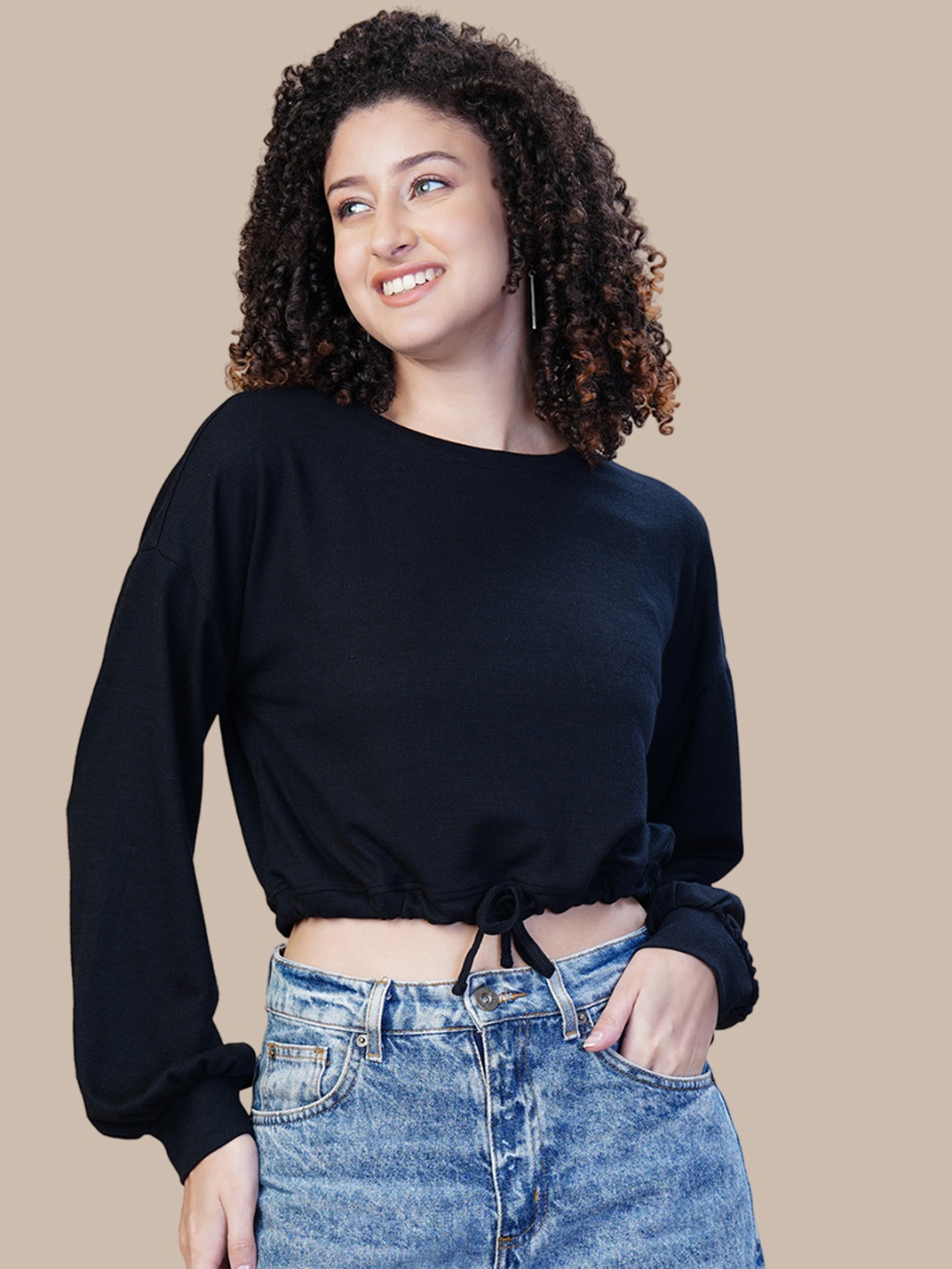 

One Sky Women Solid Round Neck Drop-Shoulder Sleeves Polyester T-Shirt, Black