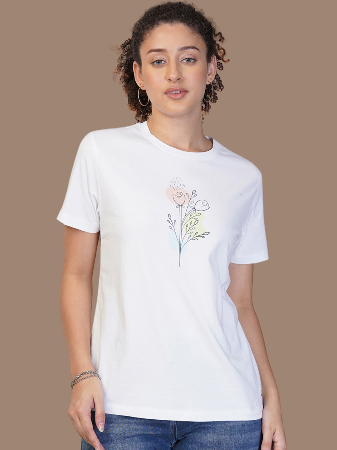 

One Sky Women Floral Printed Round Neck Cotton T-Shirt, White