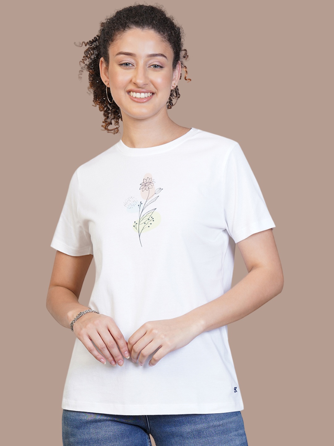 

One Sky Women Floral Printed Round Neck Cotton T-Shirt, White