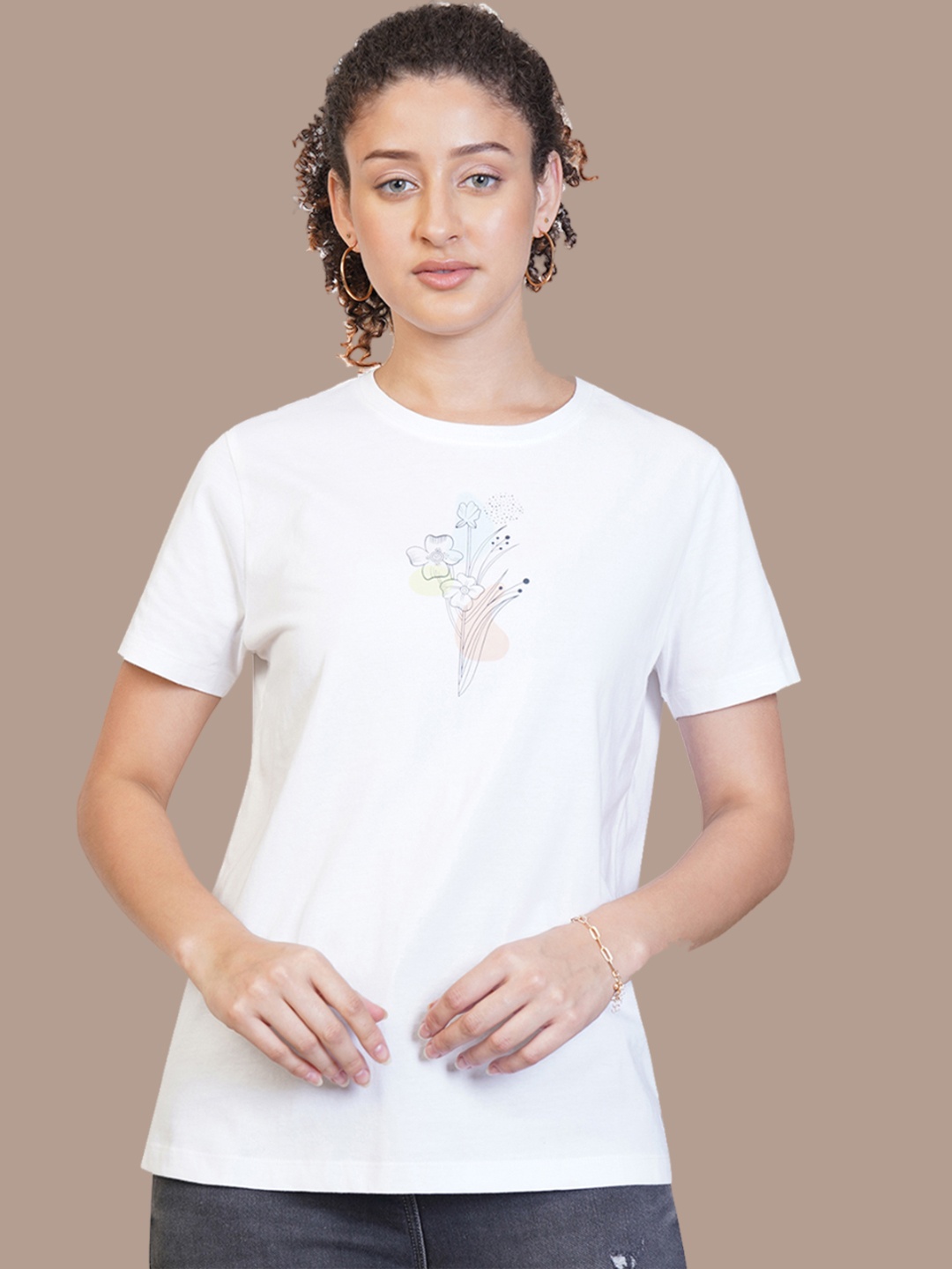 

One Sky Women Floral Printed Round Neck Cotton T-Shirt, White