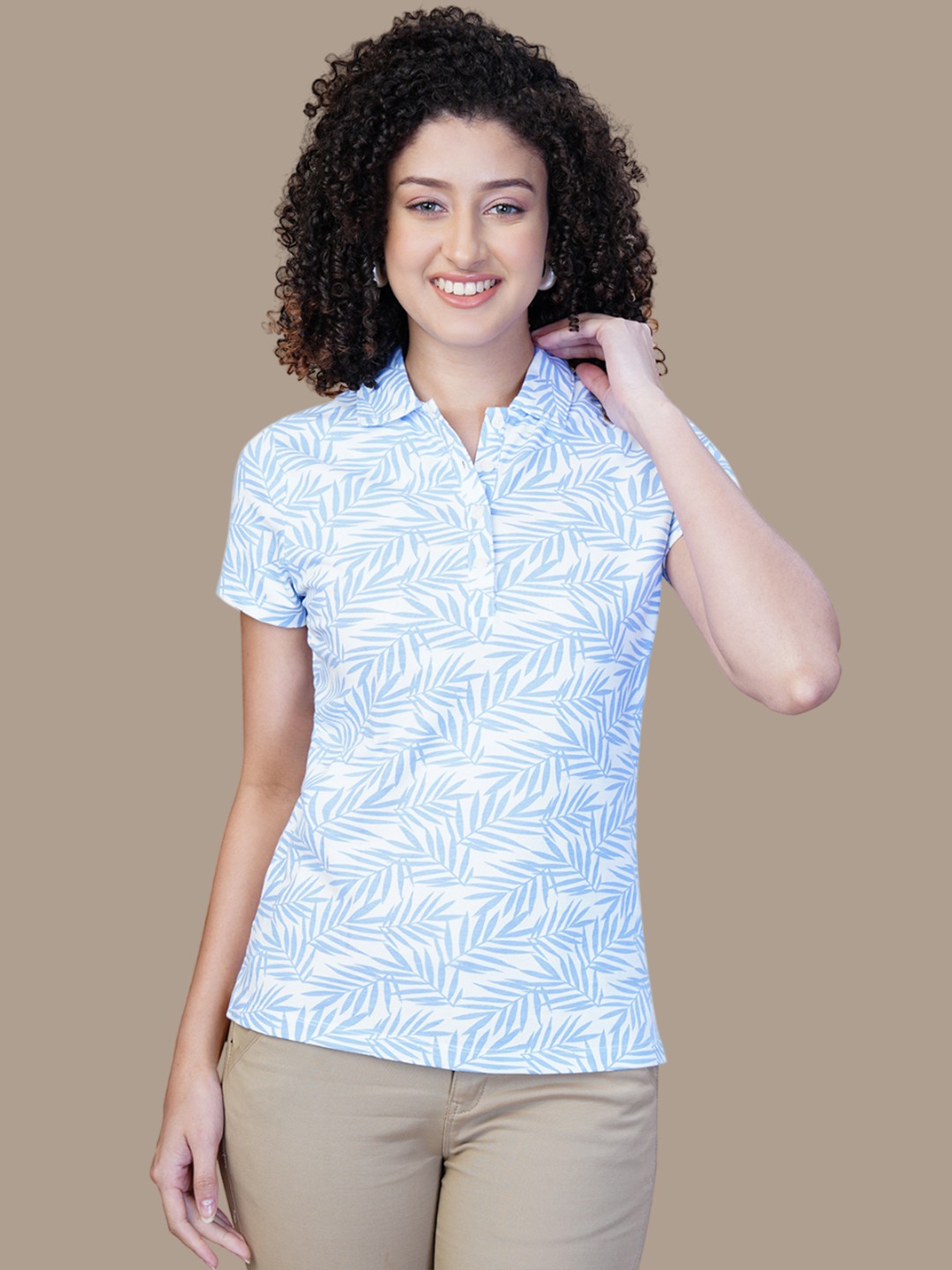 

One Sky Women Floral Printed Polo Collar Cotton T-Shirt, Blue