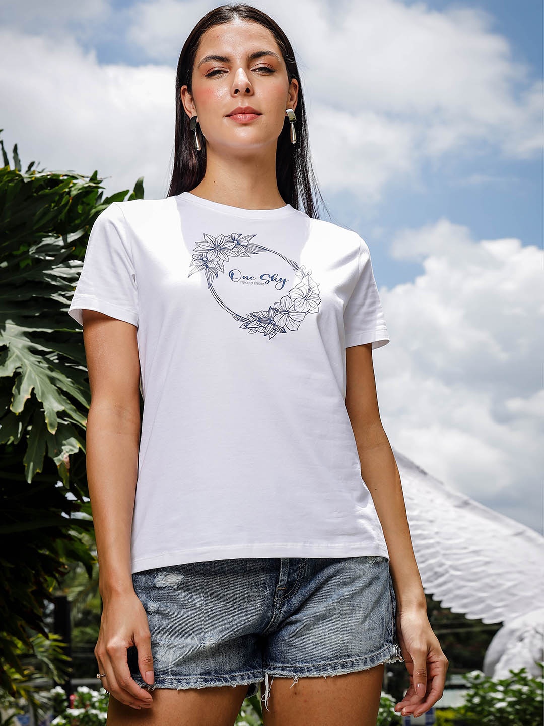 

One Sky Women Floral Printed Round Neck Cotton T-Shirt, White