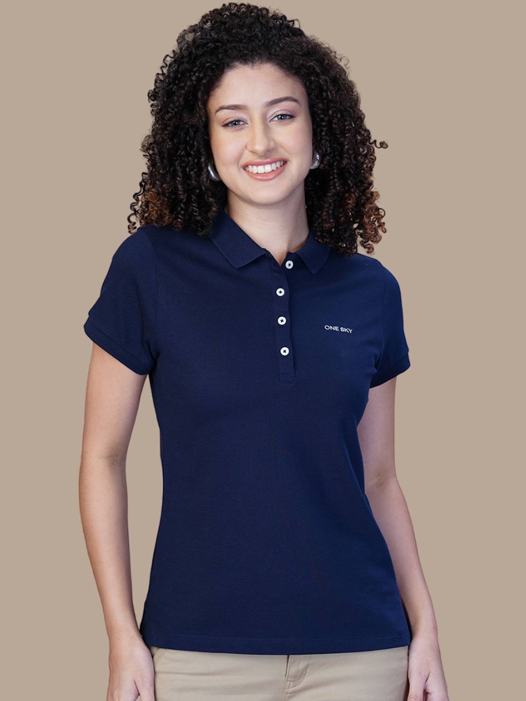 

One Sky Women Polo Collar Cotton T-Shirt, Navy blue