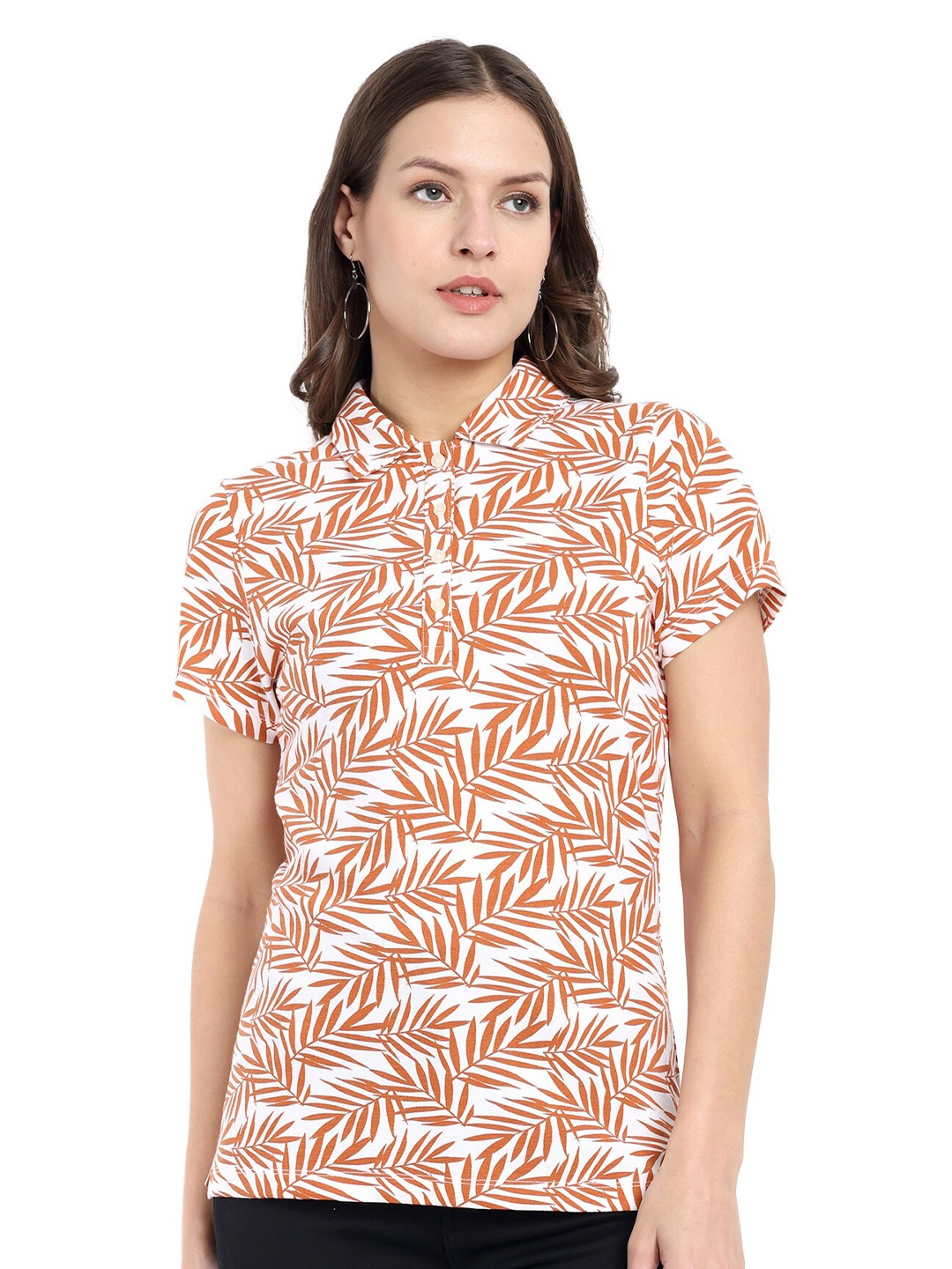 

One Sky Women Floral Printed Polo Collar Cotton T-Shirt, Red