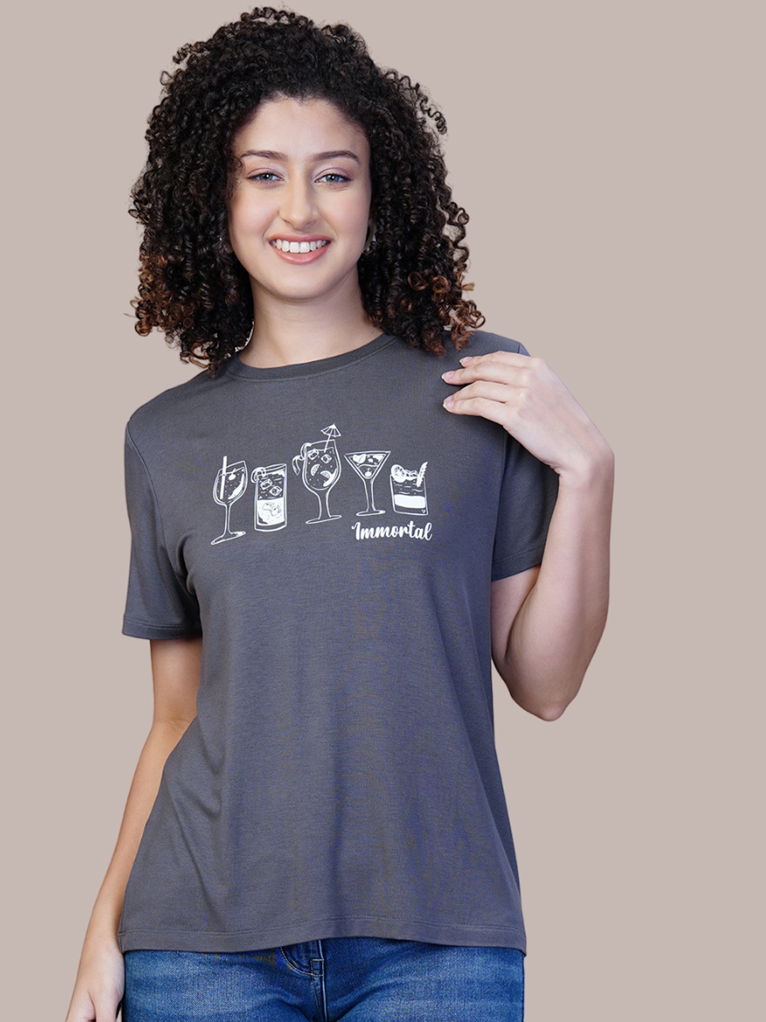 One Sky Women Graphic Printed Round-Neck Viscose T-Shirt, Grey