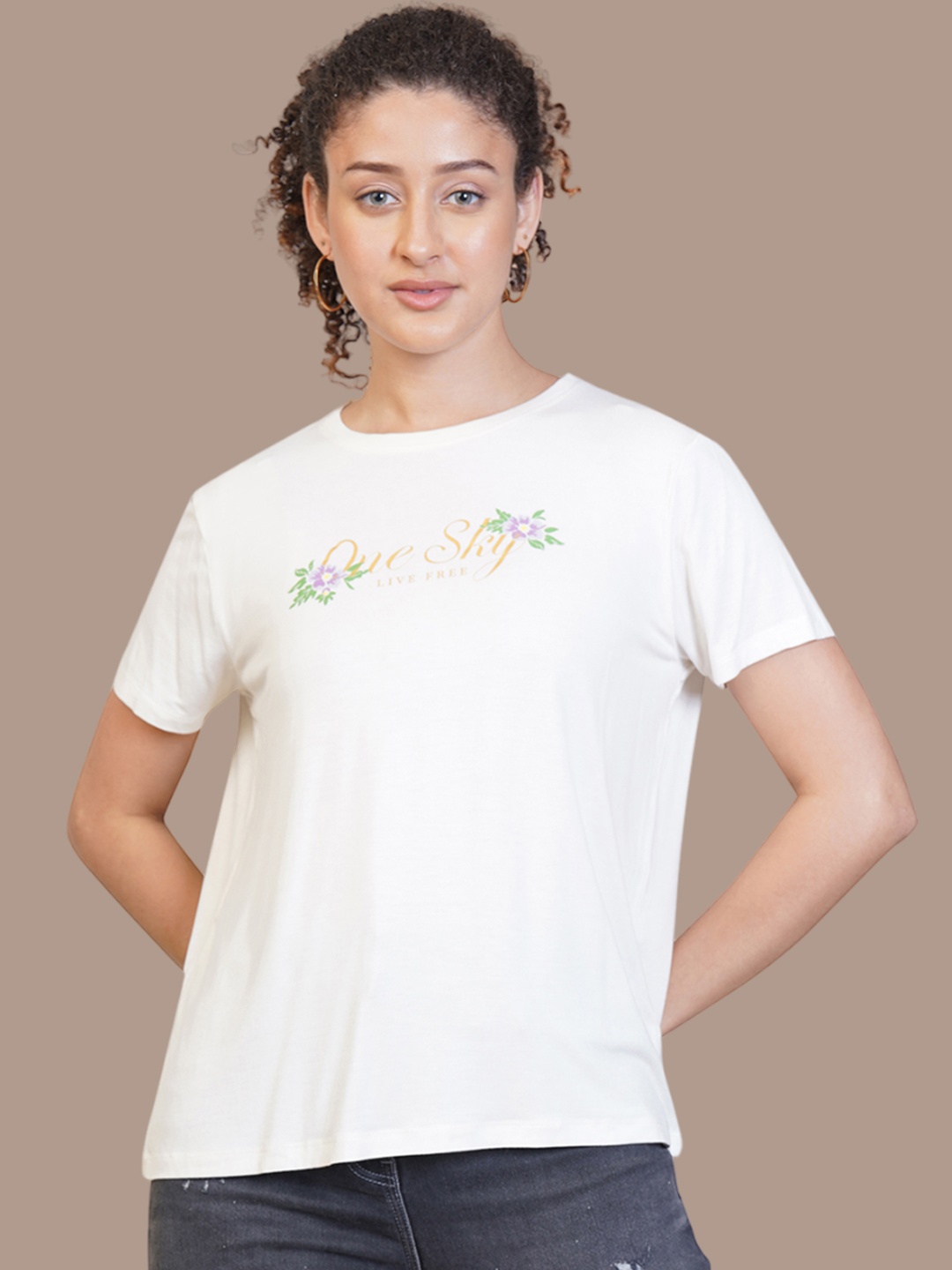 

One Sky Women Typography Printed Round Neck Viscose T-Shirt, White
