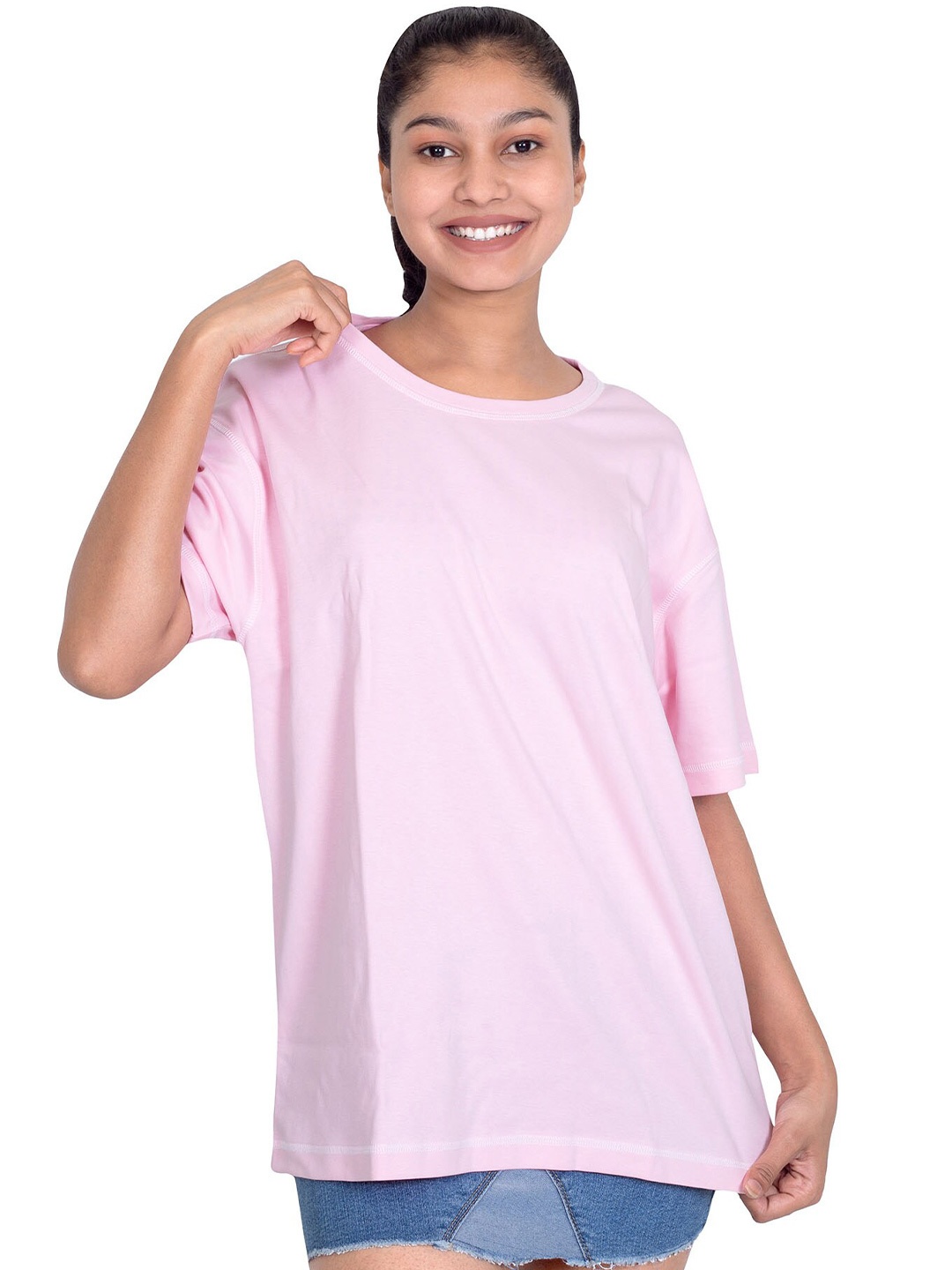

One Sky Women Round Neck Drop-Shoulder Sleeves Cotton T-Shirt, Pink