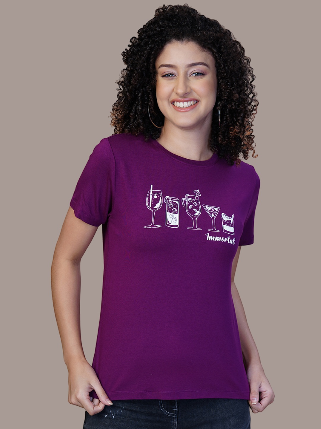 

One Sky Women Graphic Printed Round-Neck Viscose T-Shirt, Purple