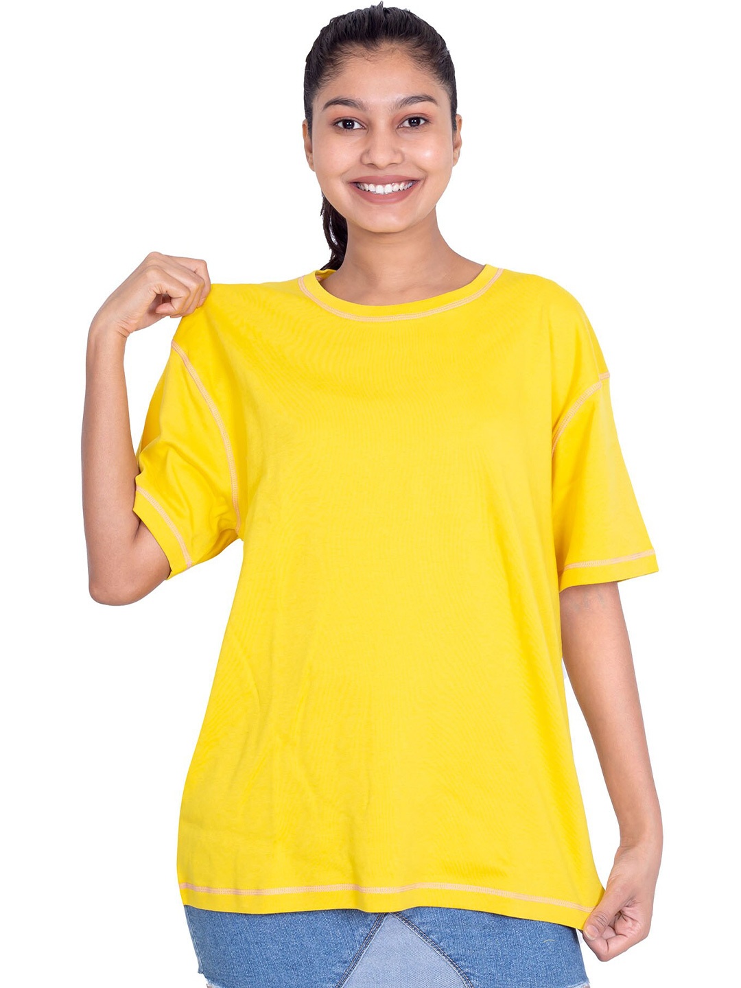 

One Sky Women Solid Round Neck Drop-Shoulder Sleeves Cotton T-Shirt, Mustard