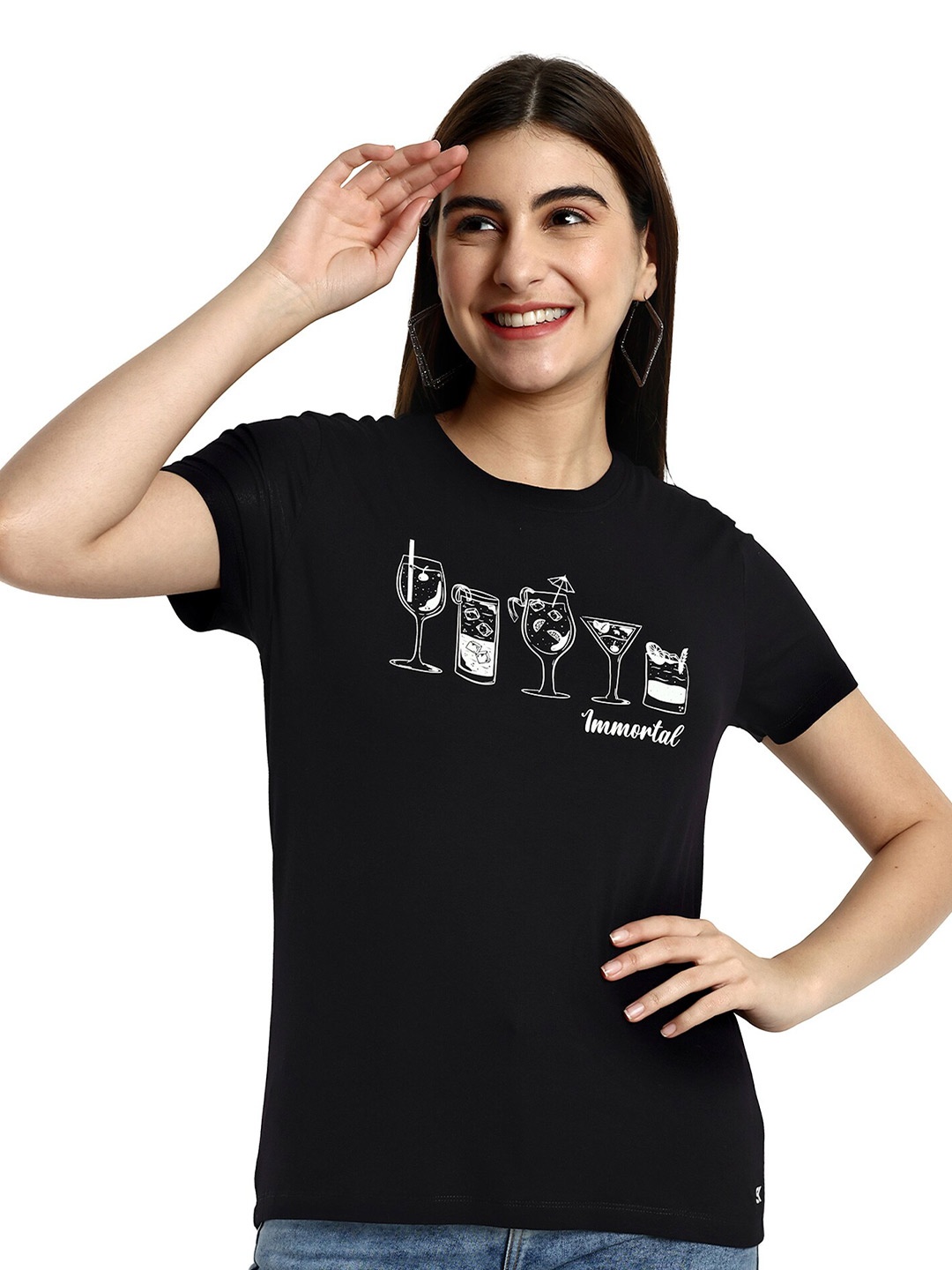

One Sky Women Graphic Printed Round-Neck Viscose T-Shirt, Black