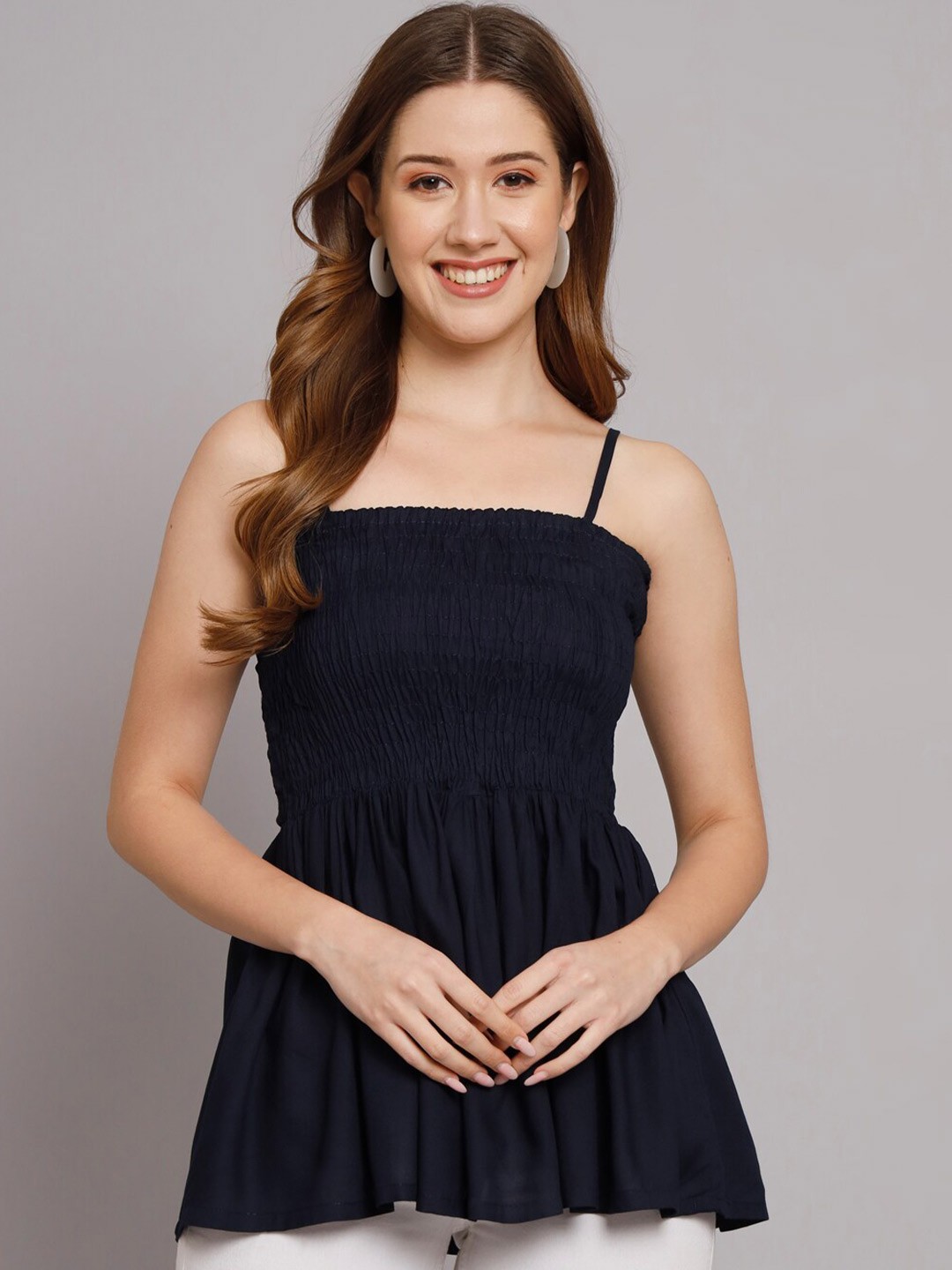 

Vastralay Self Design Shoulder Strap A-Line Top, Navy blue