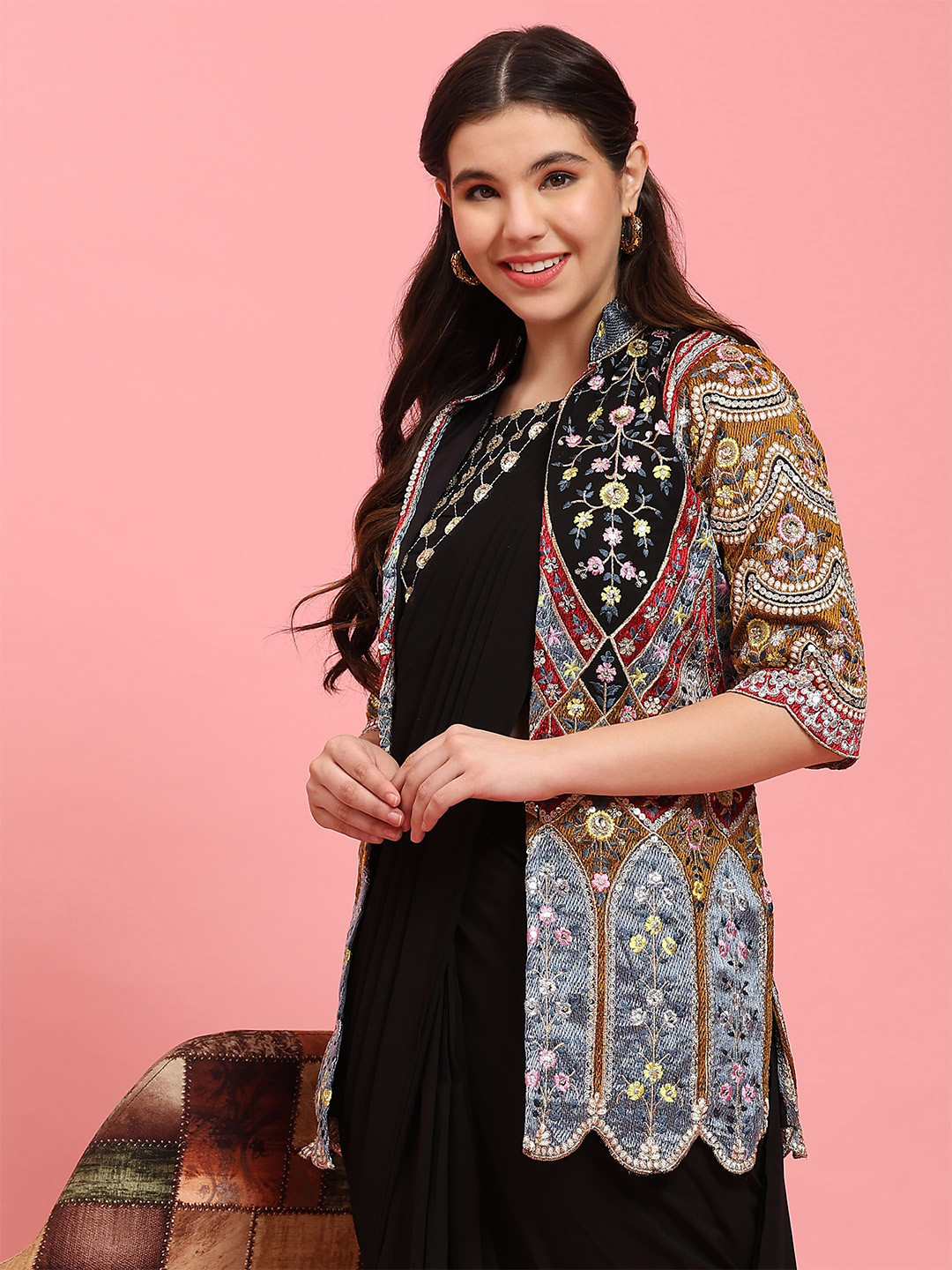 

AMOHA TRENDZ Pure Georgette Ready to Wear Saree & Embroidered Jacket, Black