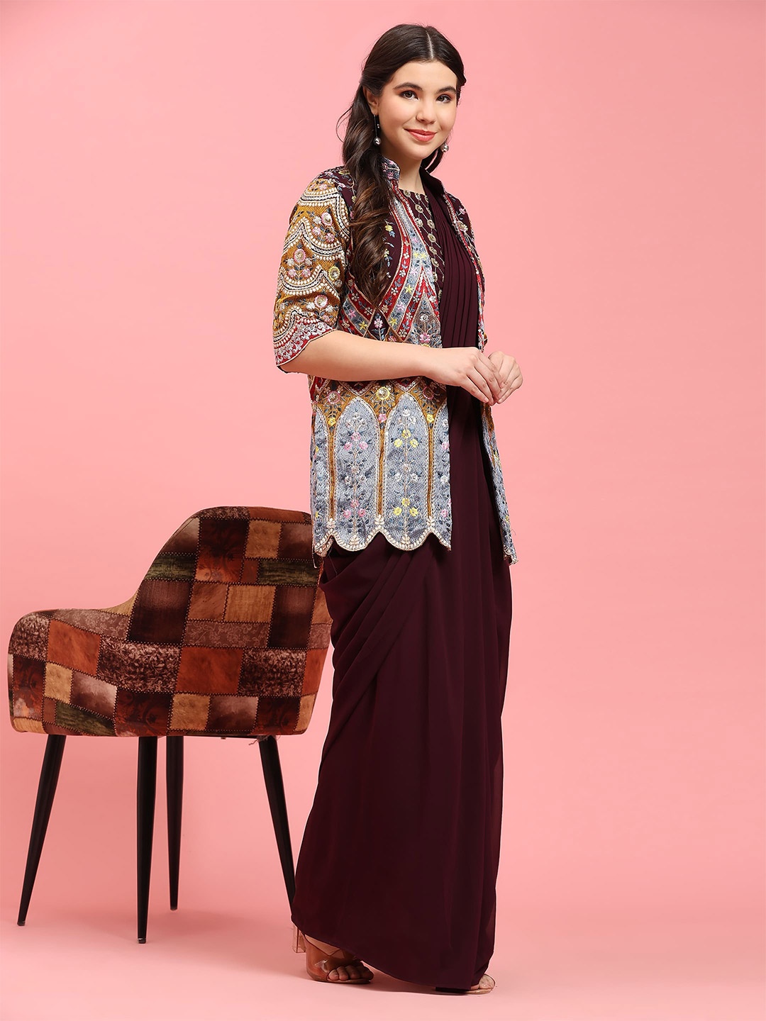 

AMOHA TRENDZ Pure Georgette Saree & Embroidered Jacket, Purple