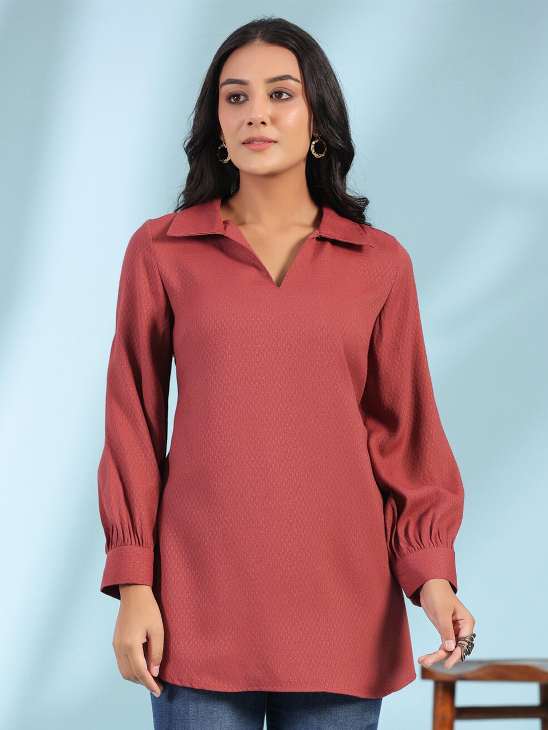 

Sangria Self Design Cuffed Sleeves Shirt Collar Tunics, Maroon
