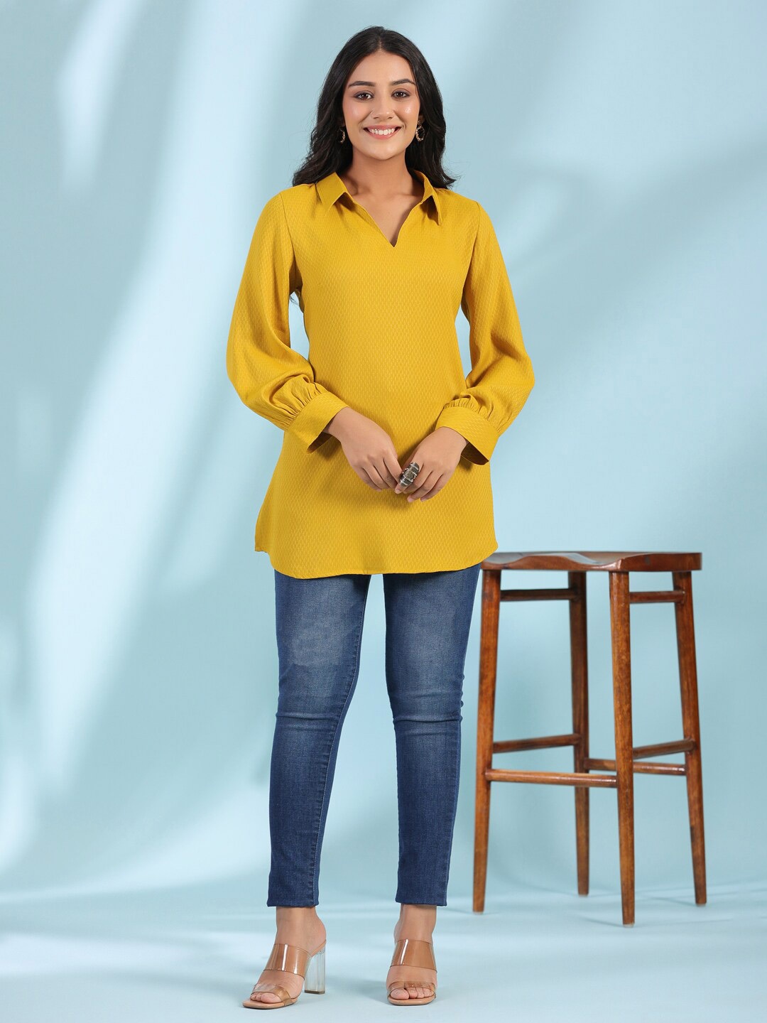 

Sangria Self Design Cuffed Sleeves Shirt Collar Tunics, Yellow