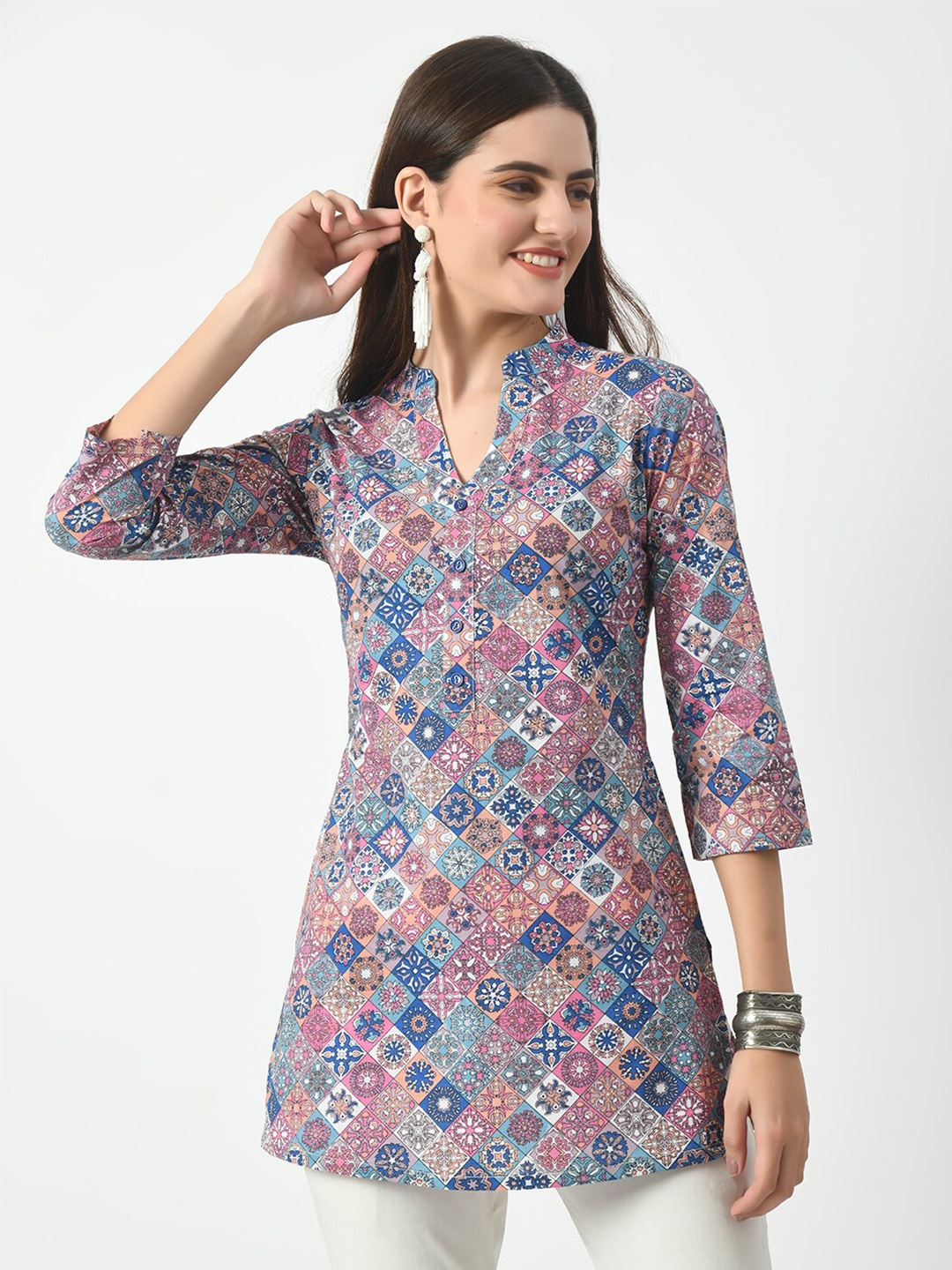

KALINI Geometric Printed Cotton Tunic, Blue