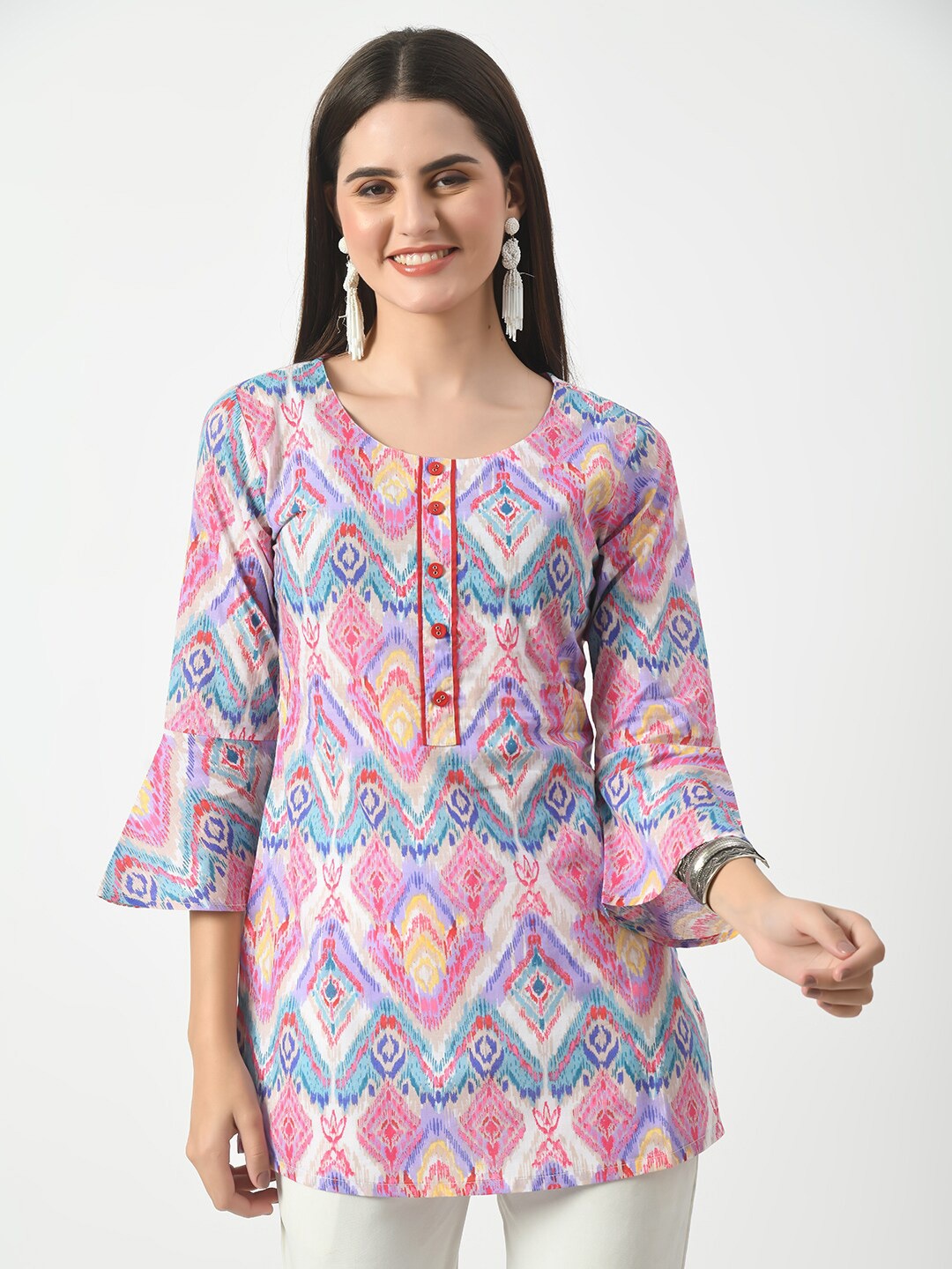 

KALINI Ethnic Motifs Printed Round Neck Pure Cotton Straight Kurti, Purple