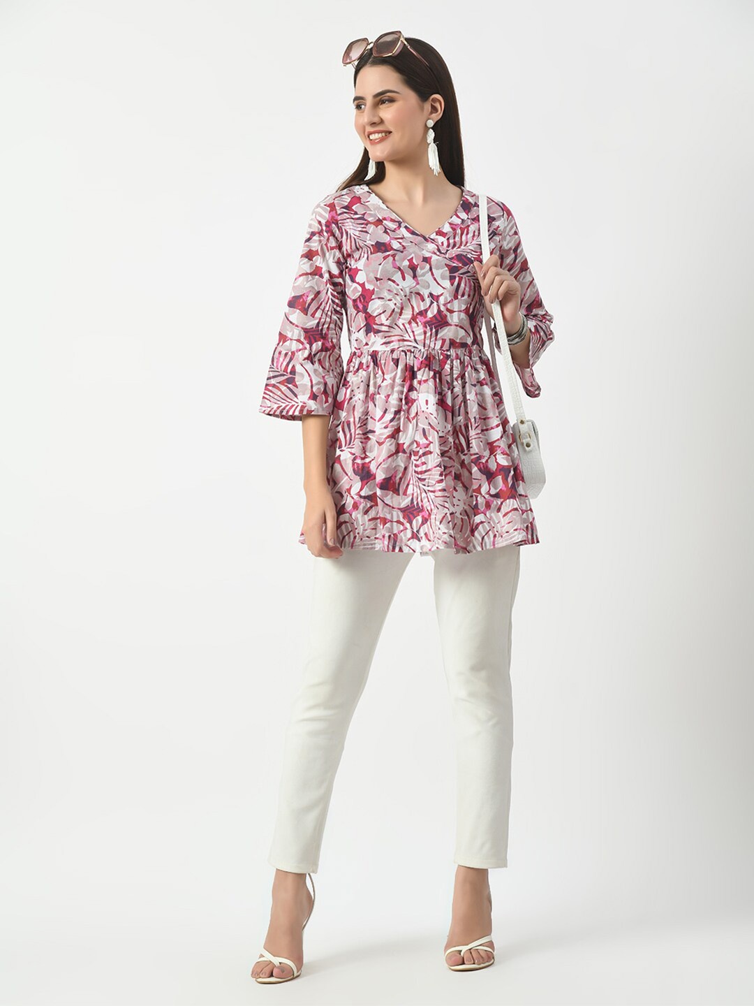 

KALINI Floral Printed V-Neck Gathers Cotton Tunic, Pink