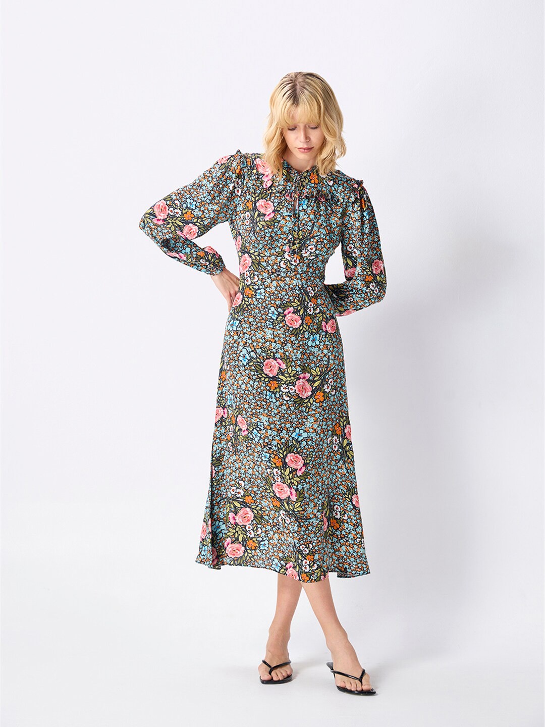 

COVER STORY Black Floral Print Tie-Up Neck Puff Sleeve Crepe Fit & Flare Midi Dress