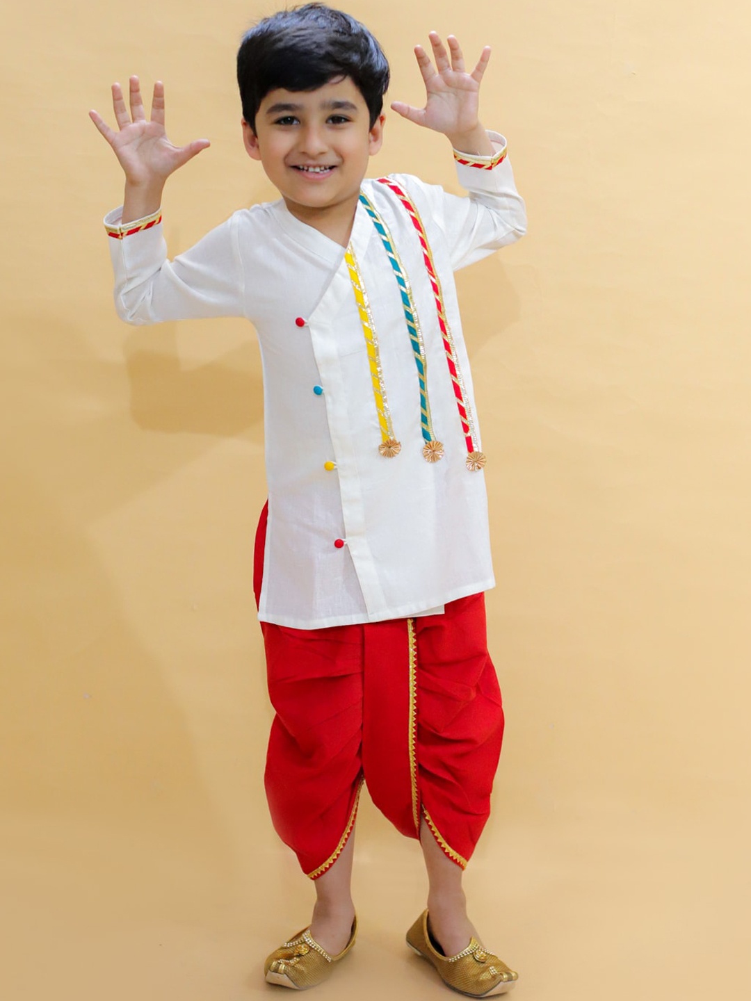 

BAESD Boys Ethnic Motifs Embroidered Angrakha Pure Cotton Kurta With Dhoti Pants, White