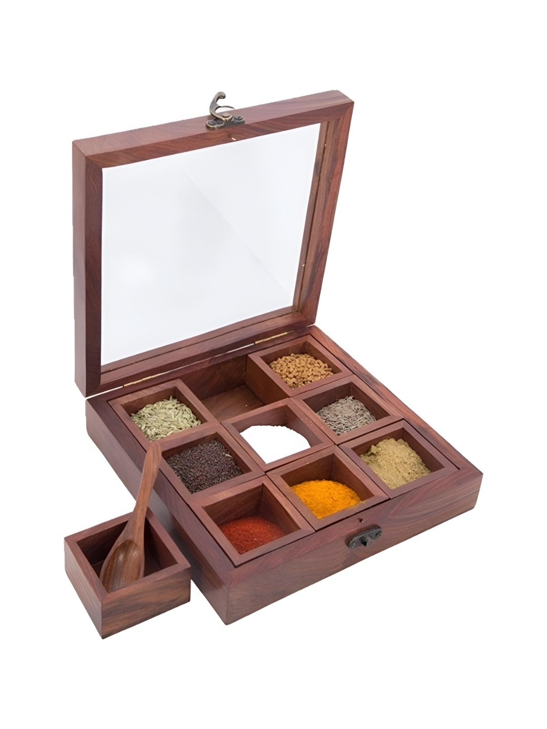 

INDIA MEETS INDIA Brown Wooden Square Spice Box With Spoon