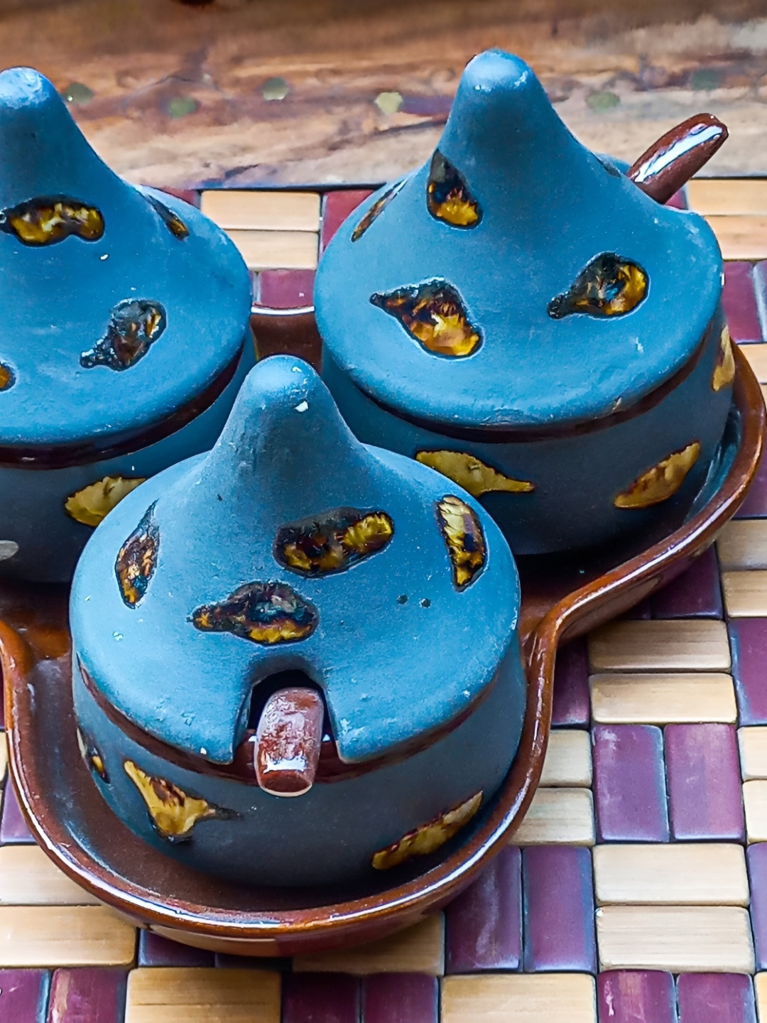 

INDIA MEETS INDIA Blue & Yellow 7 Pieces Textured Ceramic Pickle Jar Set