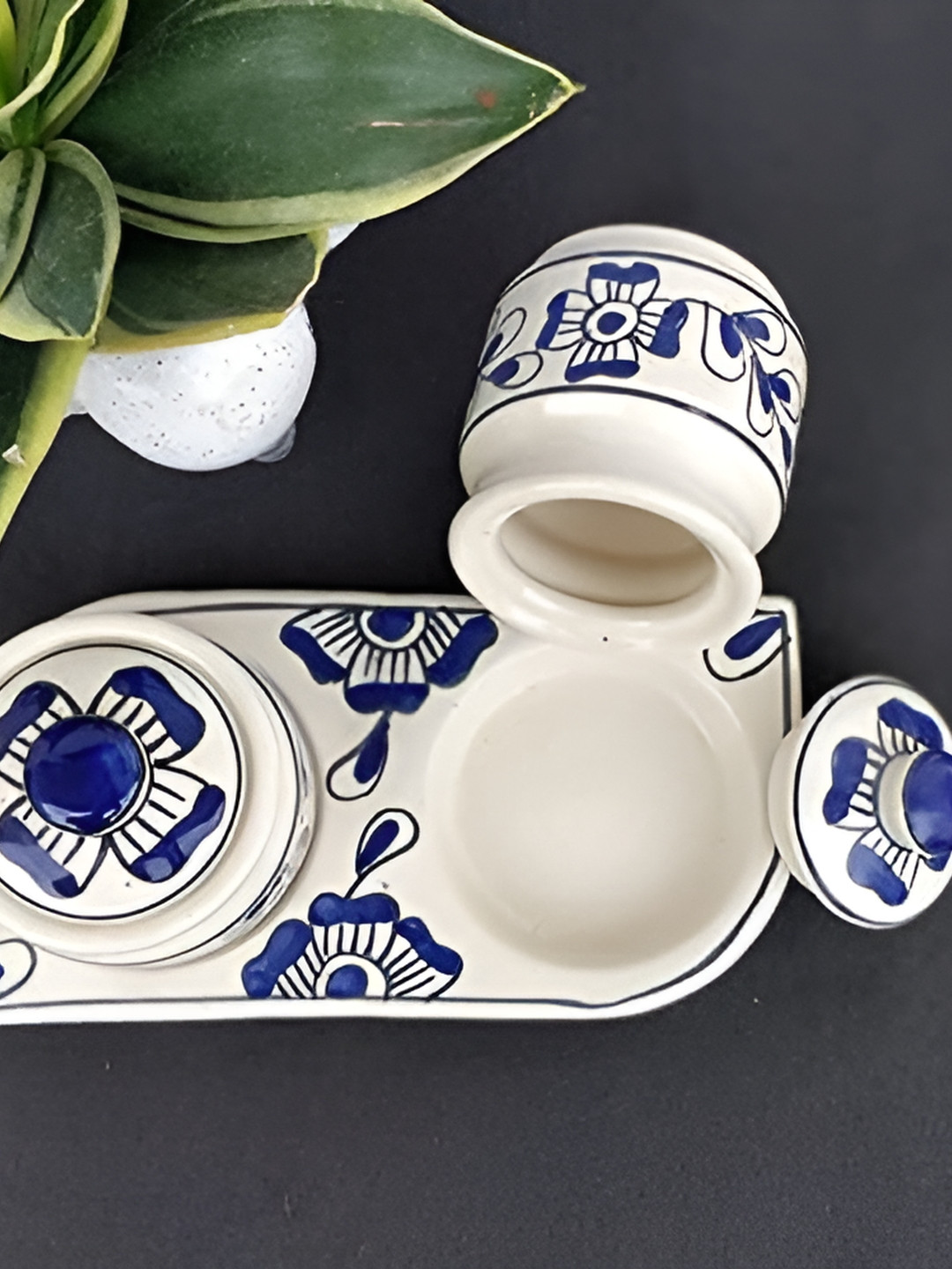 

INDIA MEETS INDIA Blue & White 3 Pieces Floral Printed Ceramic Pickle Jar Set