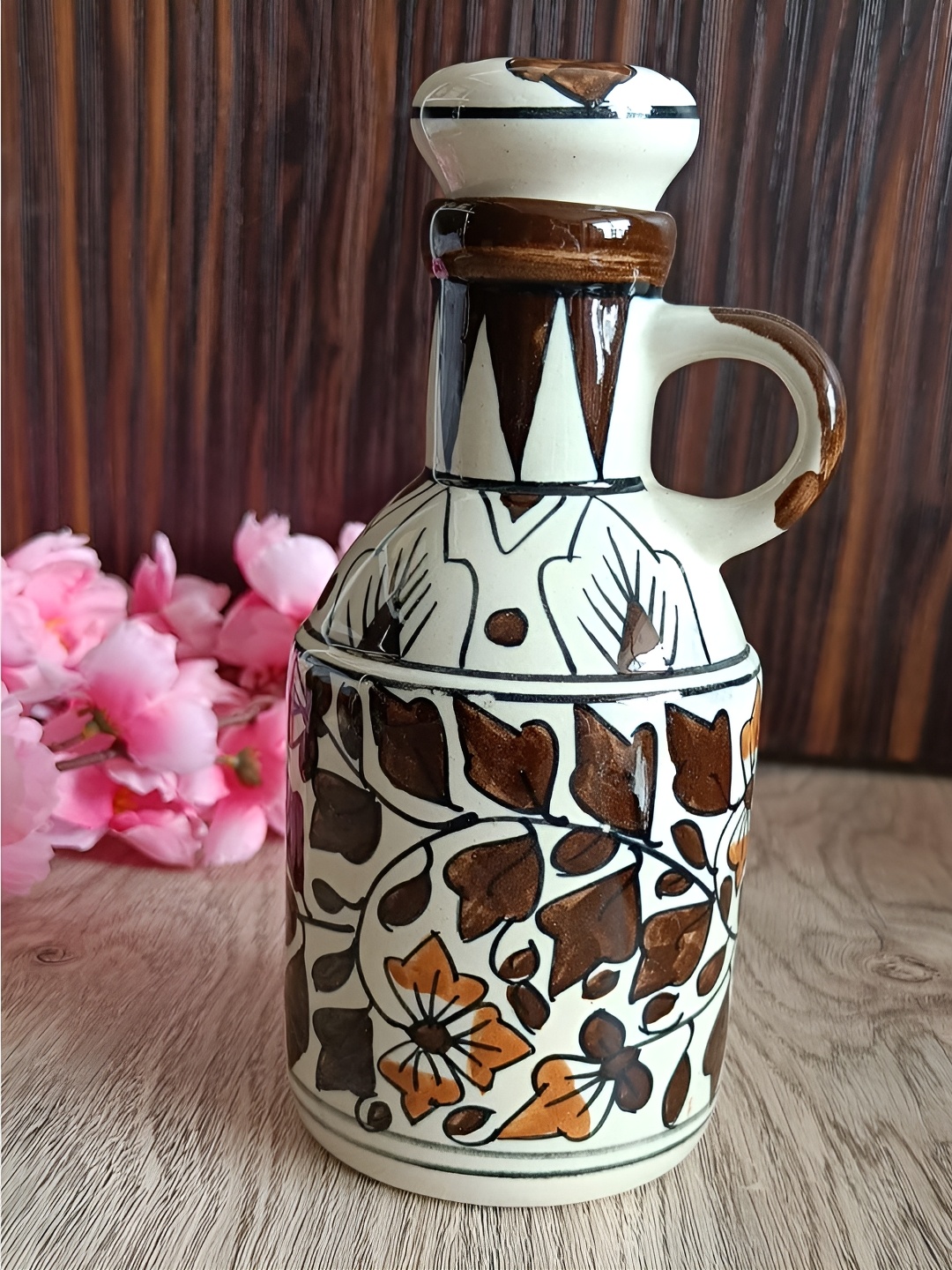 

INDIA MEETS INDIA Brown & White Floral Printed Ceramic Oil Dispenser 500 ml