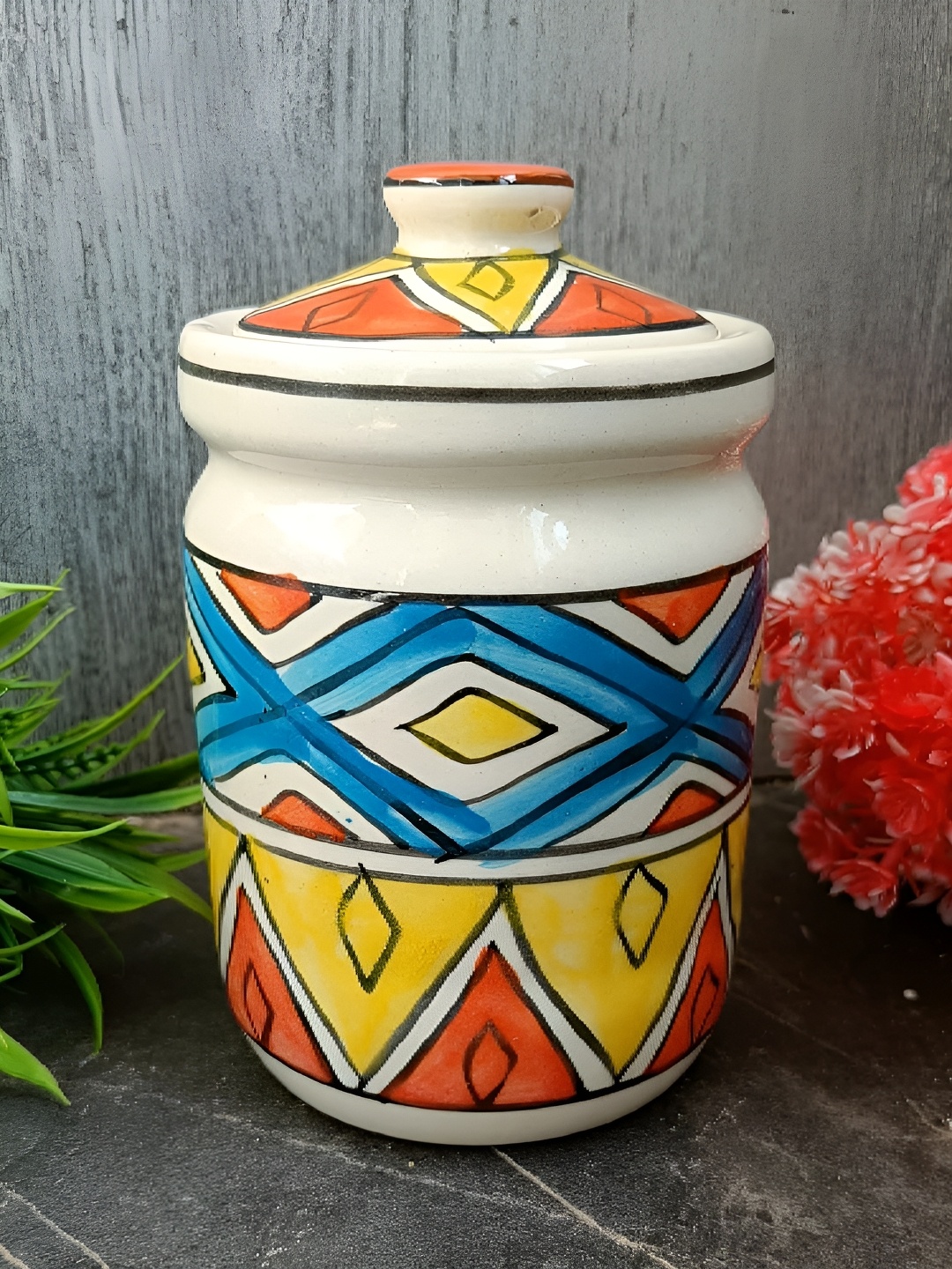 

INDIA MEETS INDIA White & Blue Geometric Printed Ceramic Canister
