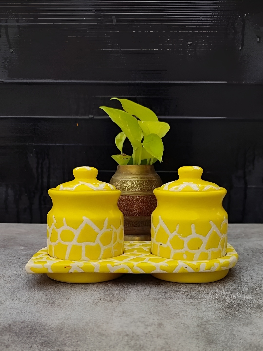 

INDIA MEETS INDIA Yellow & White Textured Ceramic Pickle Jar Set