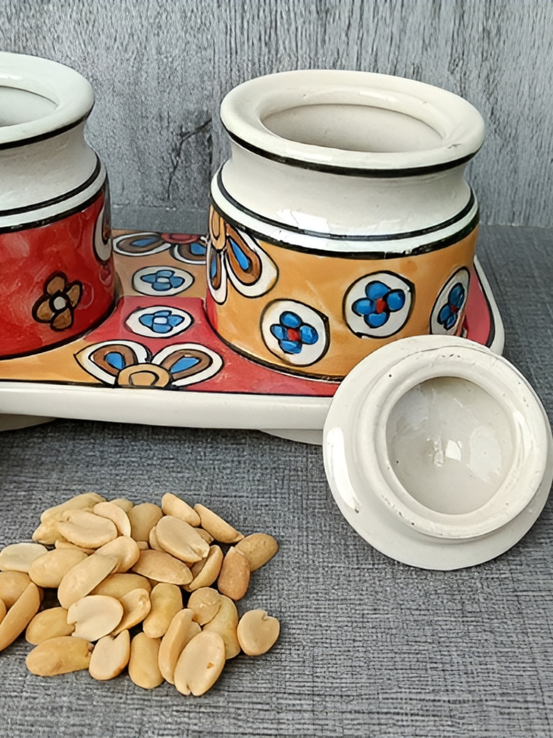 

INDIA MEETS INDIA Orange & White 3 Pieces Floral Printed Ceramic Pickle Jar Set